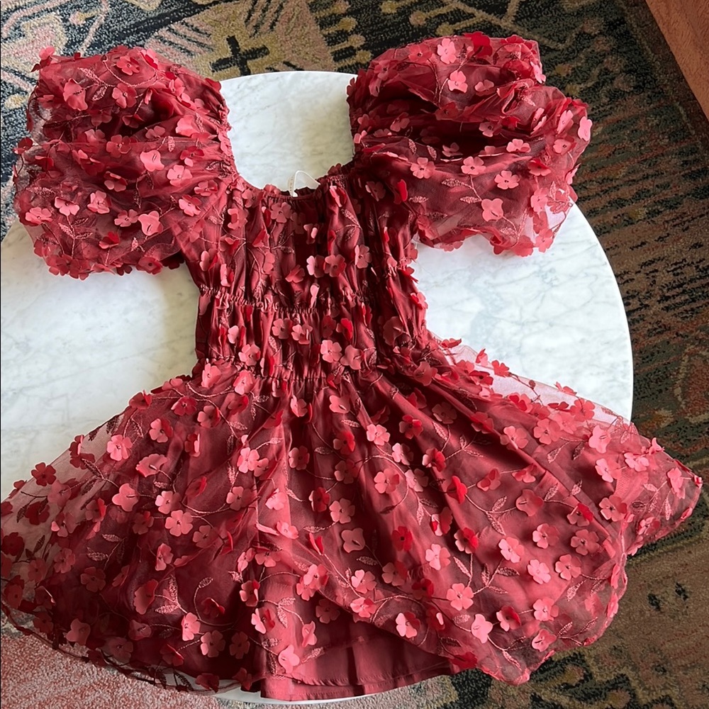 Red Floral Puff Sleeve Dress
